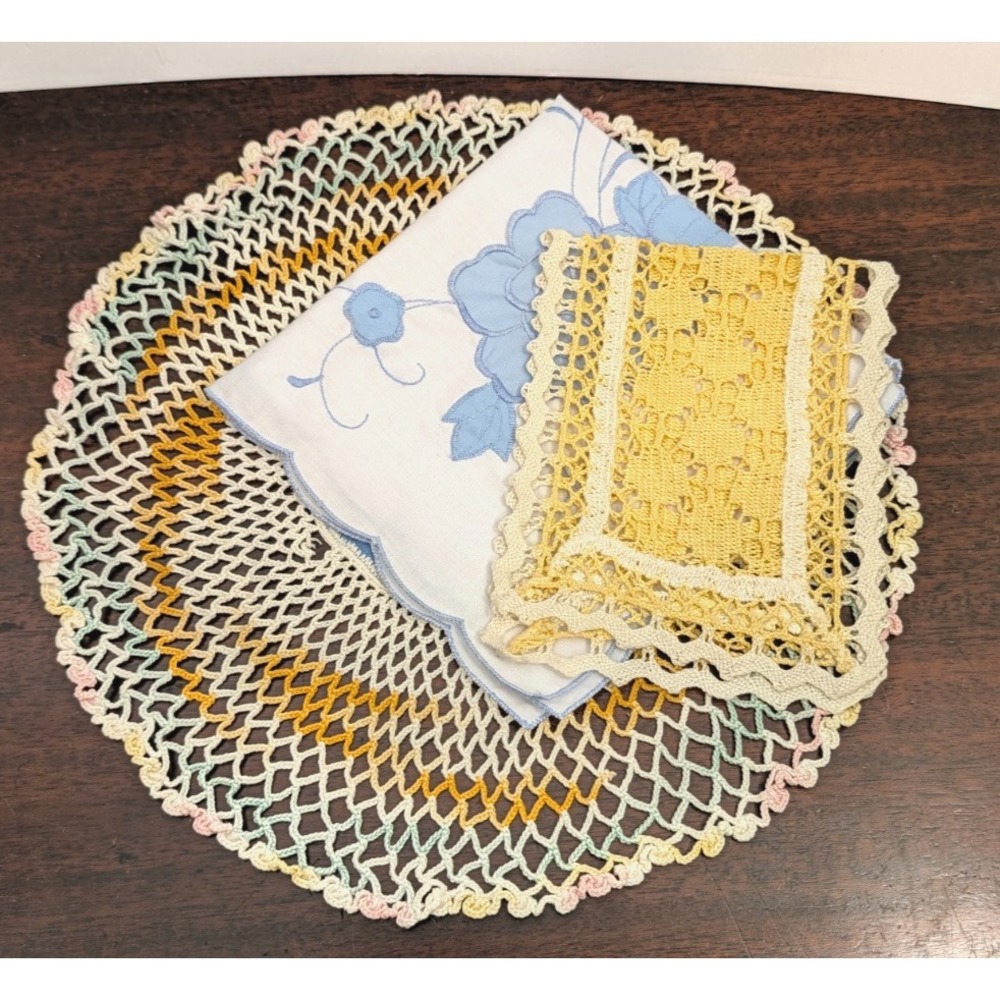 Vintage Crochet Doily Lot of 3 Pastel Floral Blue Embroidered Linen Cottage Deco